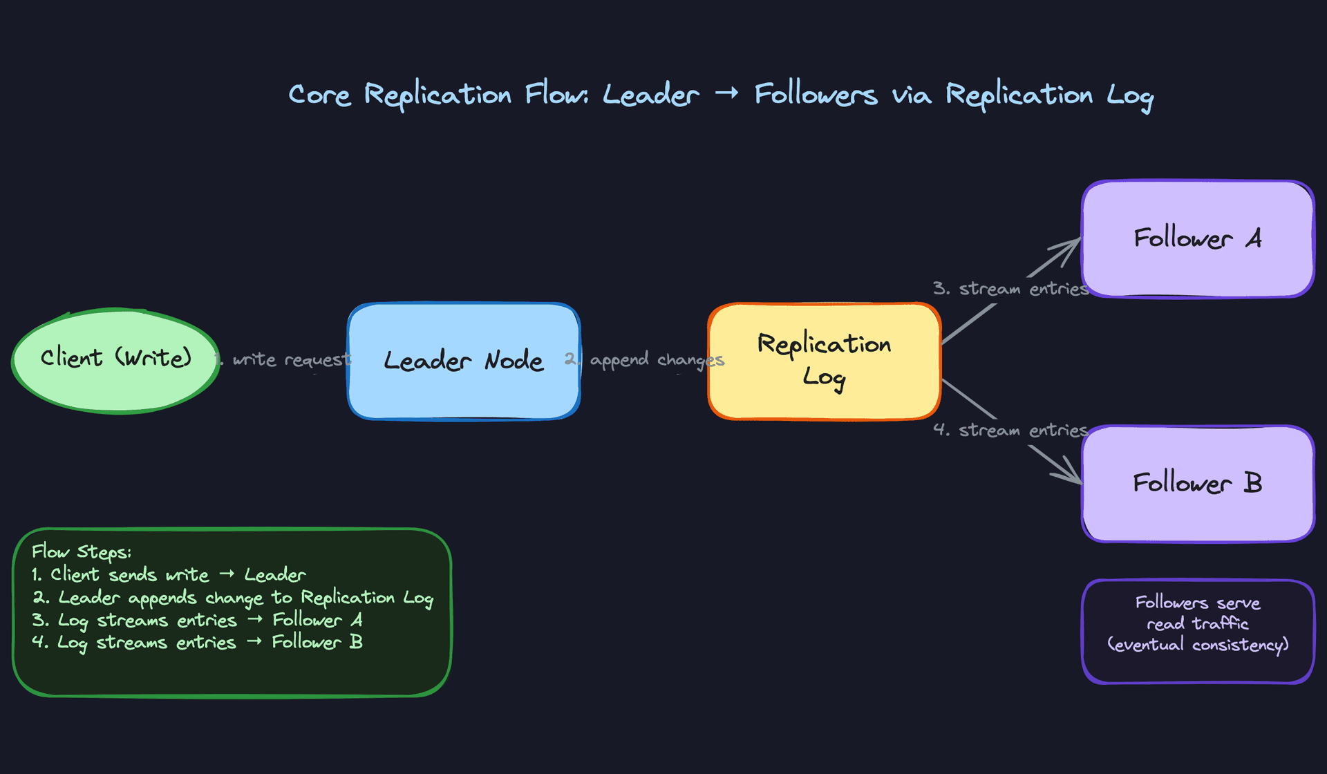 Core Replication Flow: Leader to Followers via Replication Log