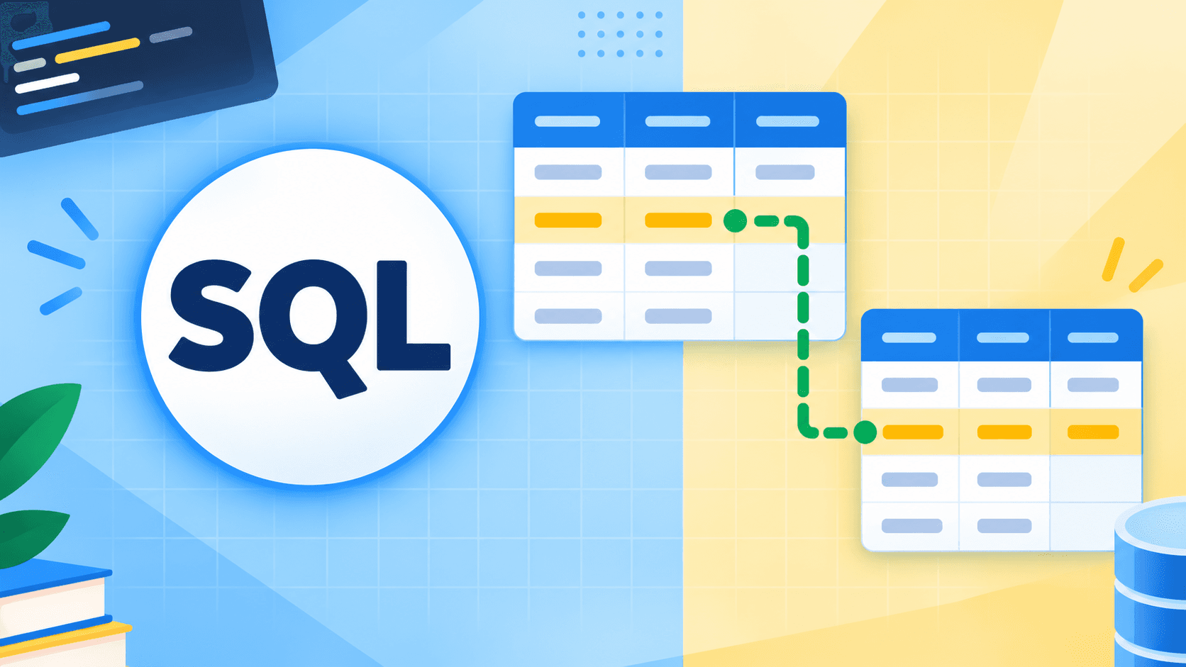 SQL course illustration with connected tables on a blue and yellow background